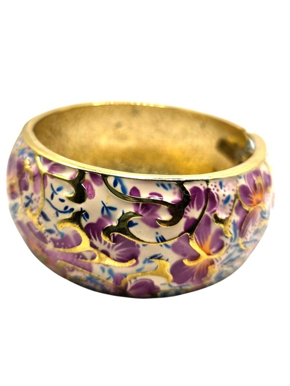 Hinged Bangle Bracelet Gold-Tone Purple Floral Enamel fairycore boho jewerly